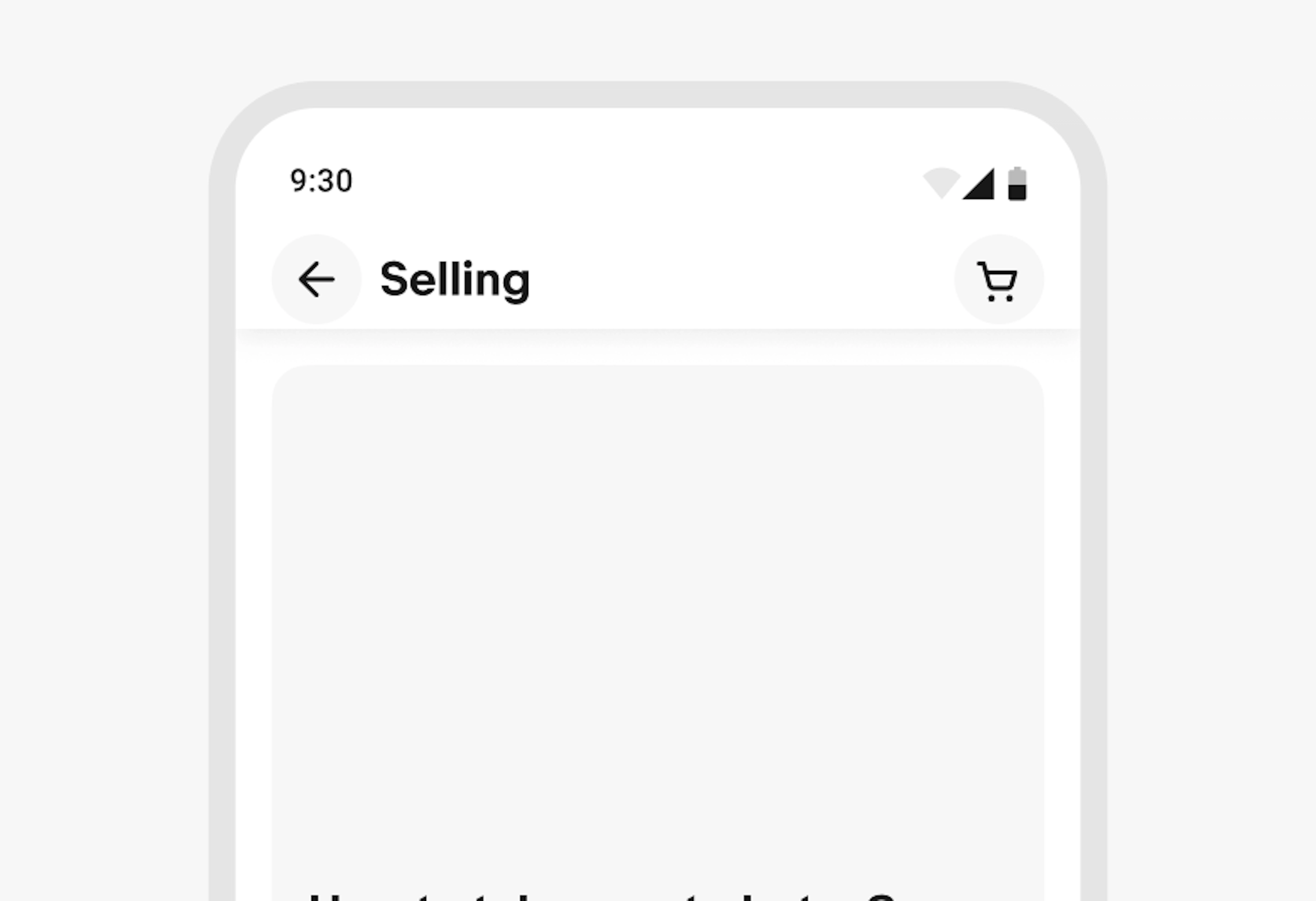 A stylized mobile screen with a top navigation bar titled “Selling” with decreased padding.
