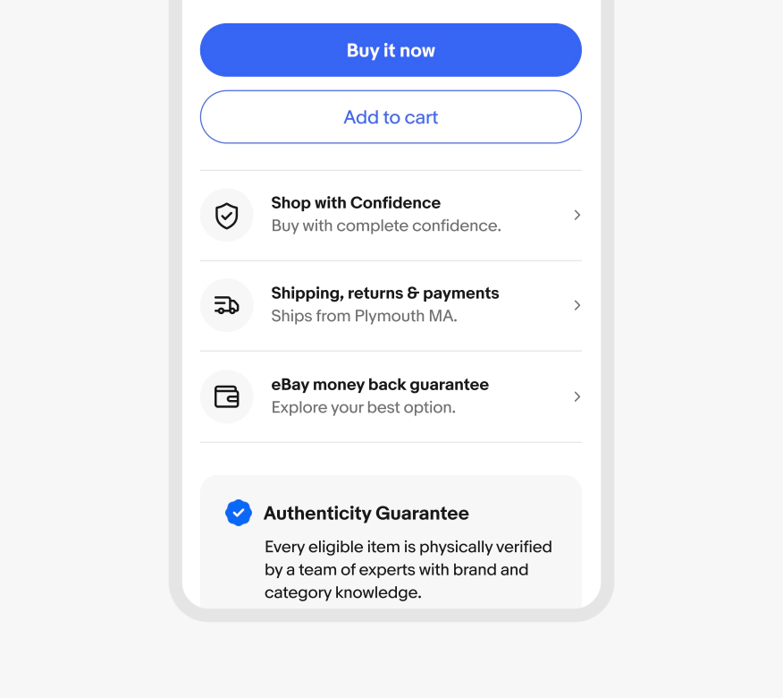 A product page in the eBay mobile app displaying 3 trust messages with accompanied icons: the Shop with Confidence module contains the Money Back Guarantee icon in black against a neutral grey background, the Shipping, returns, and payments module contains the On the way icon in black against a neutral grey background, and the eBay Money Back Guarantee module contains the Wallet icon in black against a neutral grey background.