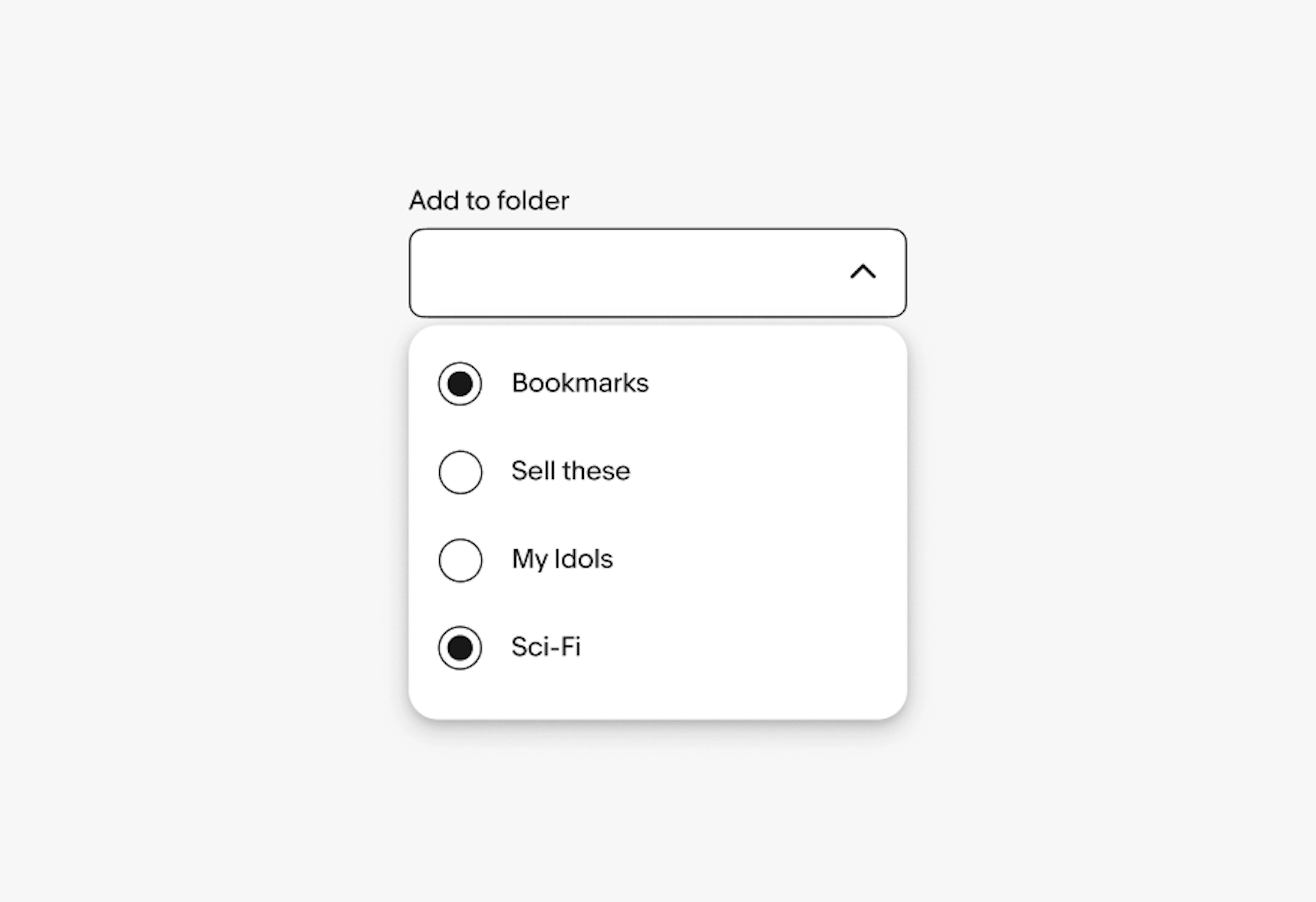 Add to folder dropdown with checkboxes; Bookmarks and Sci‑Fi selected; divider above footer actions View all folders and Help.