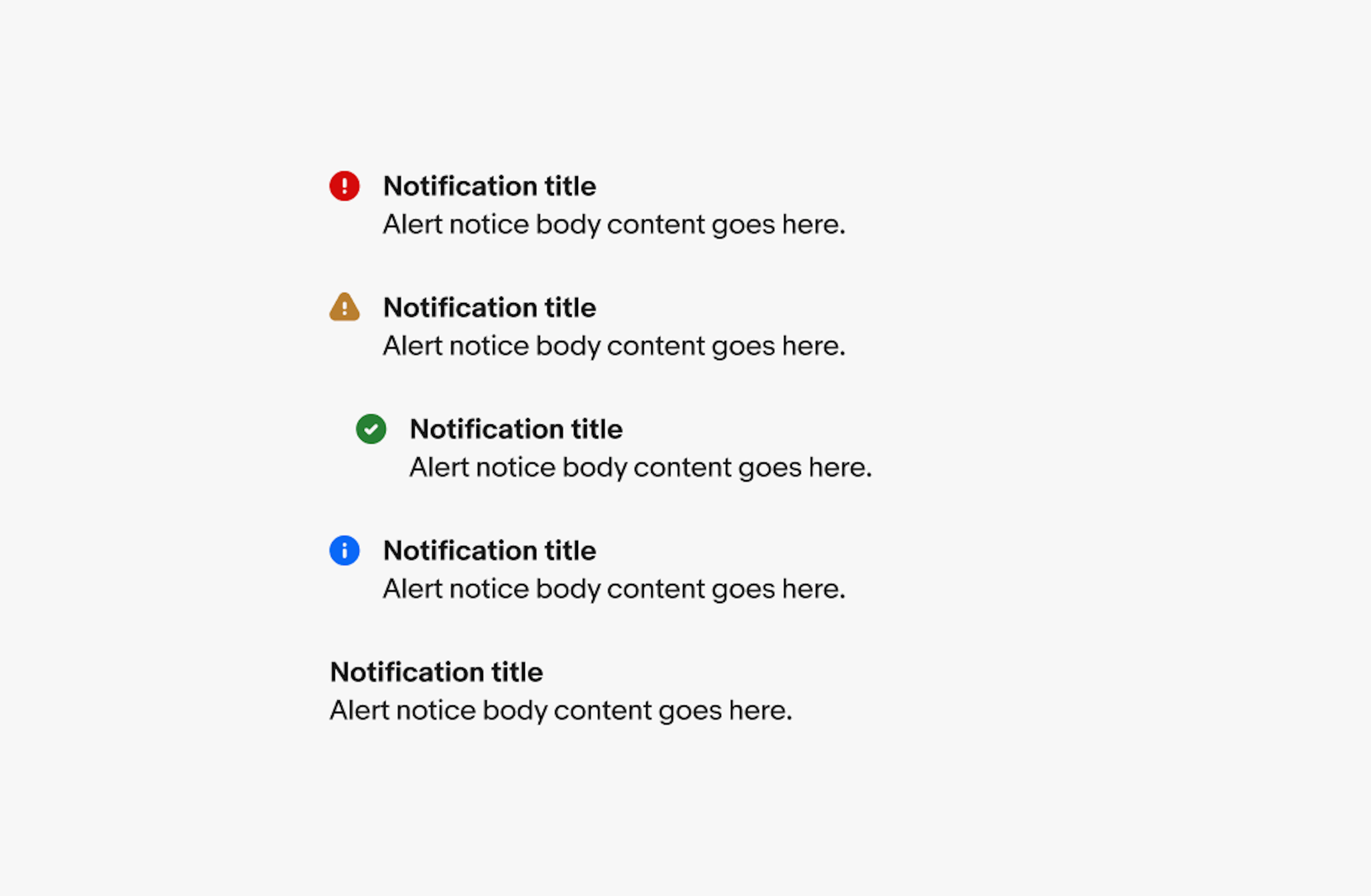 The five variants of page notices including attention, warning, confirmation, information and general.