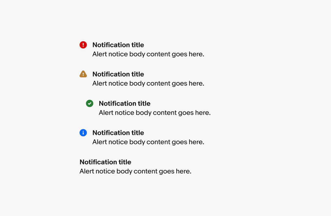 The five variants of page notices including attention, warning, confirmation, information and general.