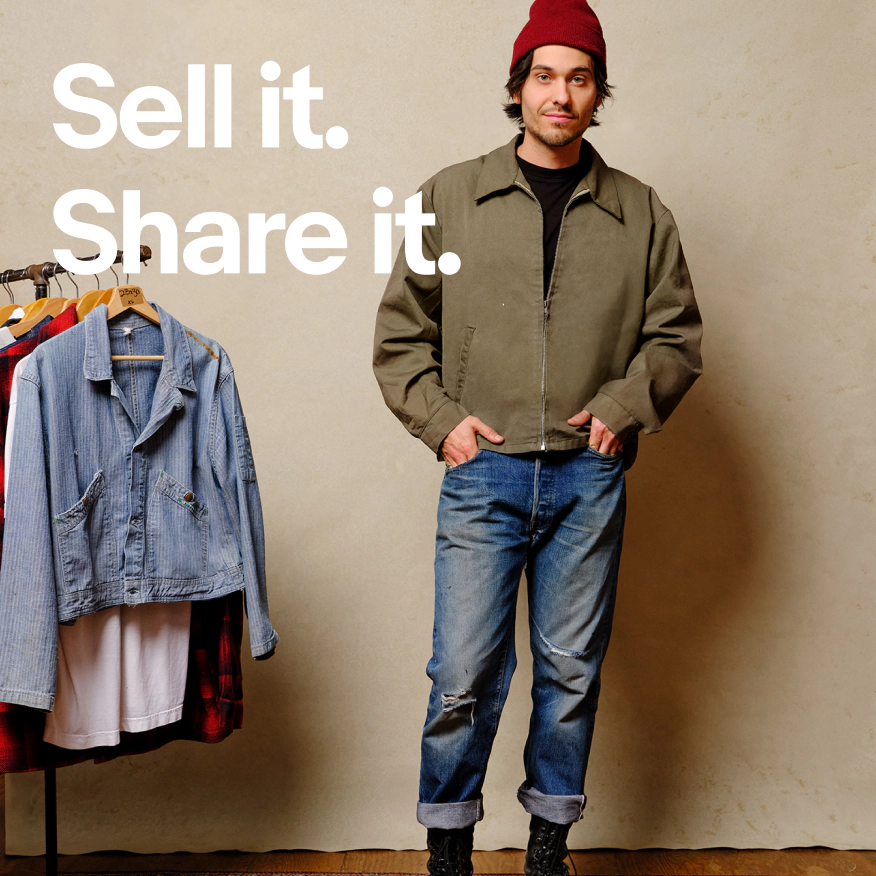 A promotional graphic featuring the headline "Sell it. Share it." beside a vintage clothing seller standing next to a rack of secondhand clothing, wearing casual denim and a red beanie.