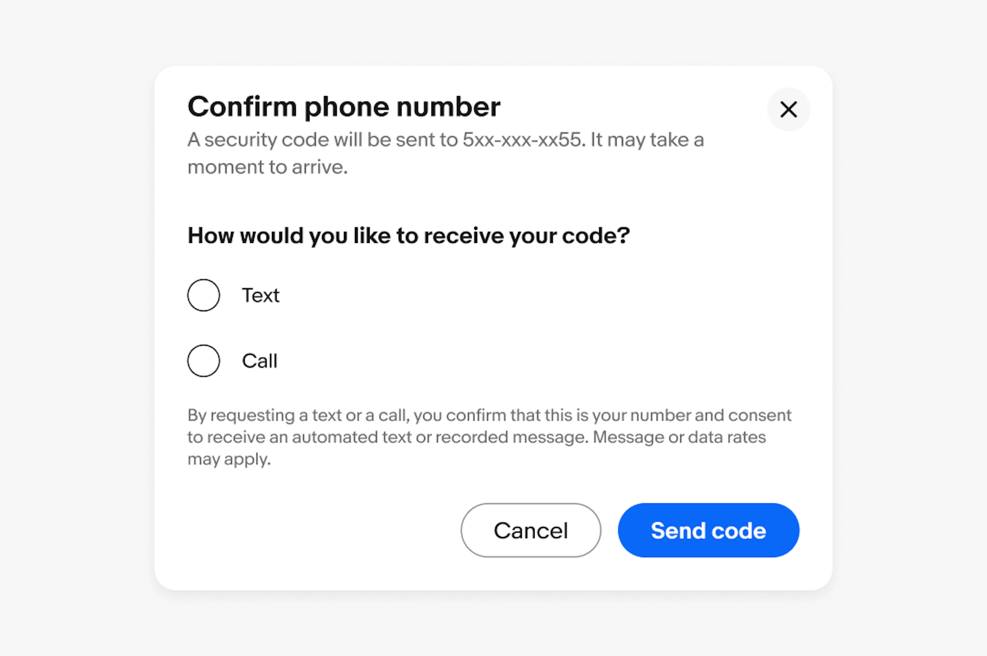 A standard dialog with two buttons in the footer. The primary button reads “send code”, the tertiary button reads “cancel”. 