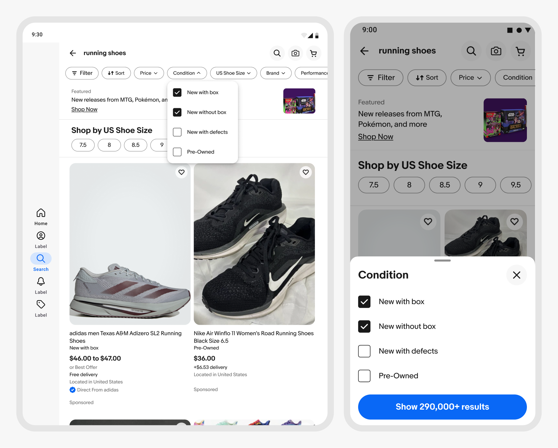 Two Android mobile screens: eBay item page with overflow popover menu of actions; and search results showing a Condition bottom sheet with checkboxes and a Show 290,000+ results button.