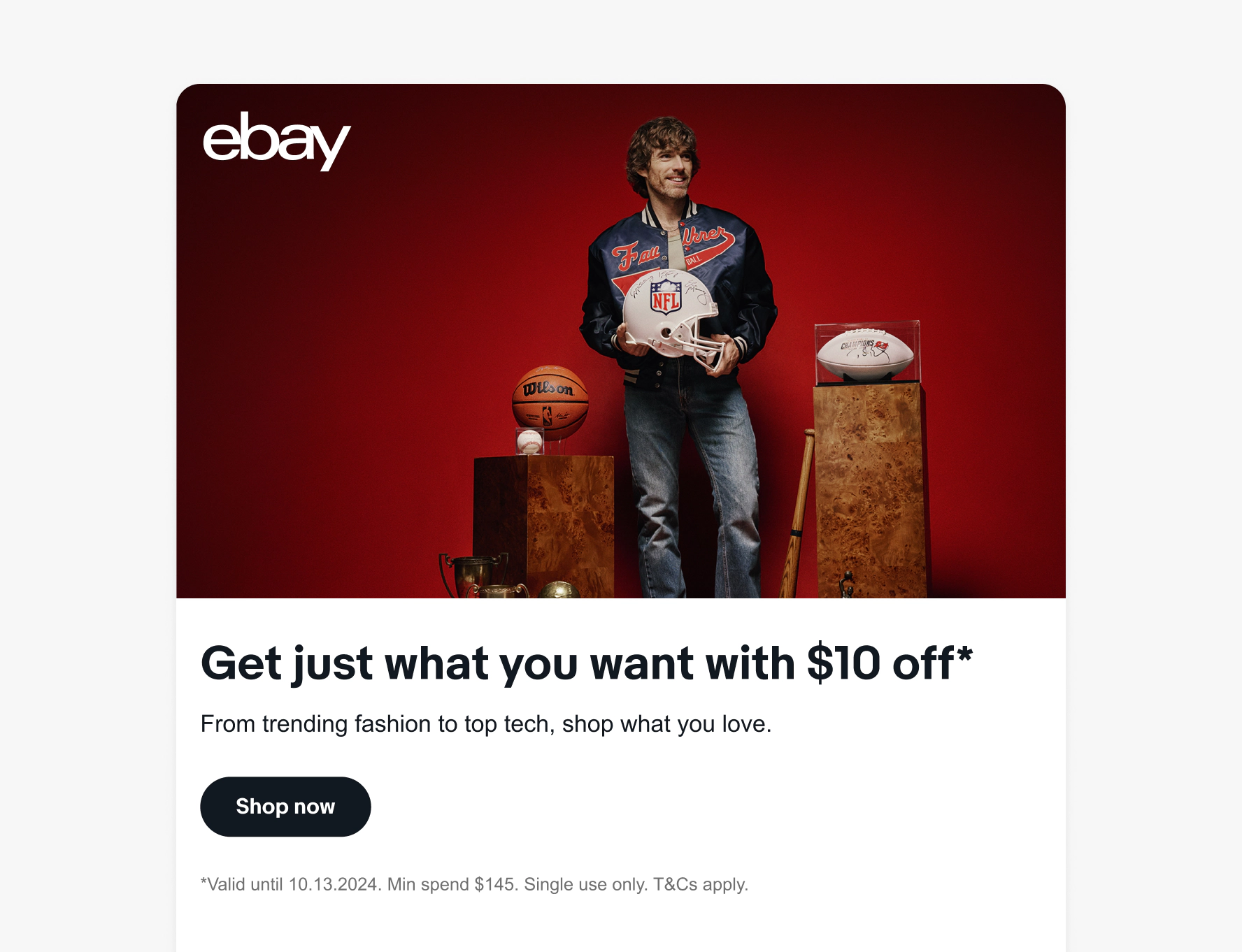 An email layout with a group of people holding a variety of colorful bags in the banner image. The eBay logo is in the upper left corner.