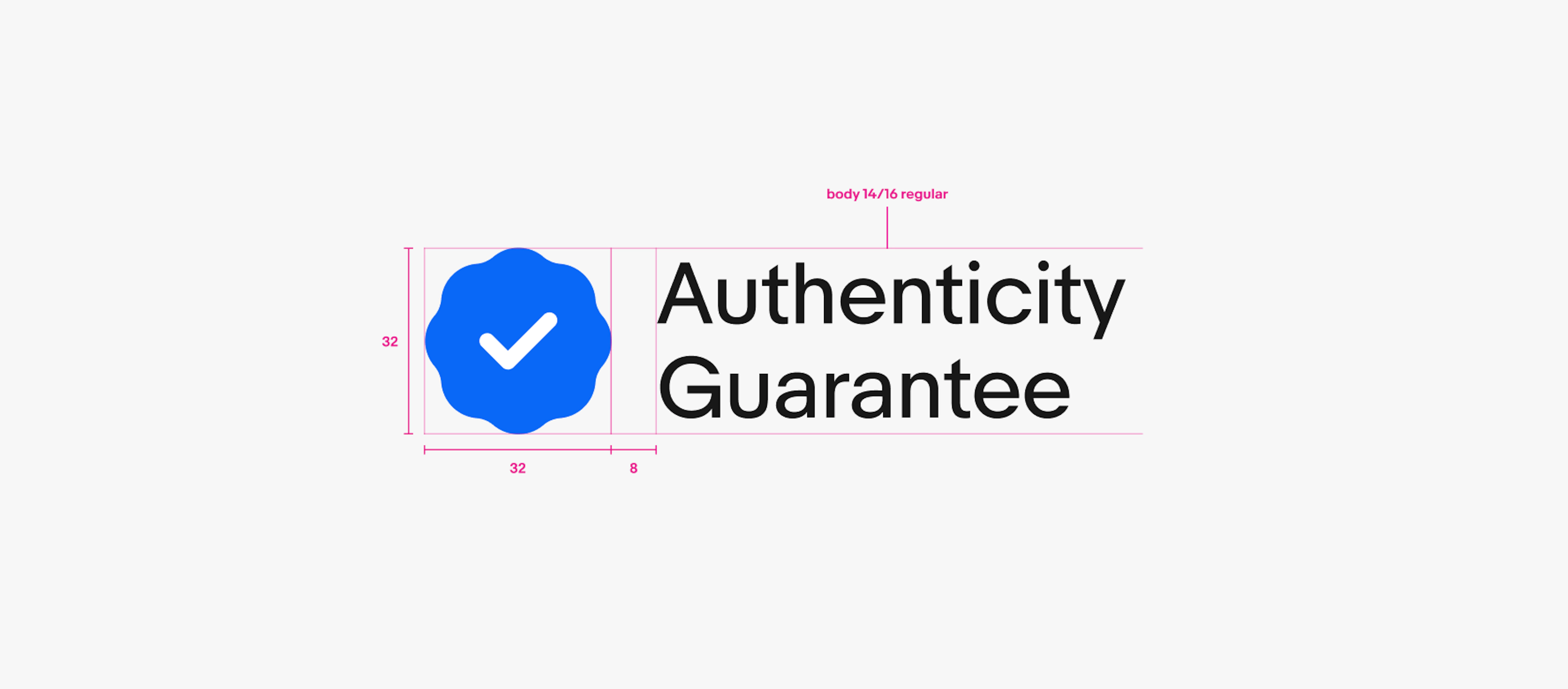 A detailed spec of a double line program badge lockup. From left to right is a 32px icon, 8px of space, and text using an altered body - 14/16 regular text style.