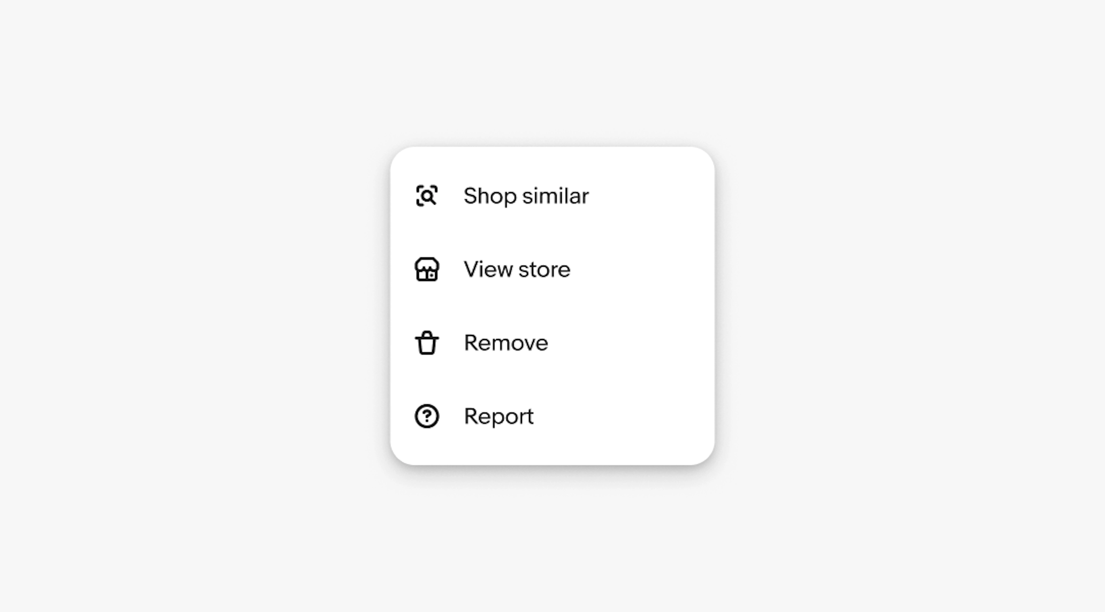 Menu with leading icons for Shop similar, View store, Remove, and Report.
