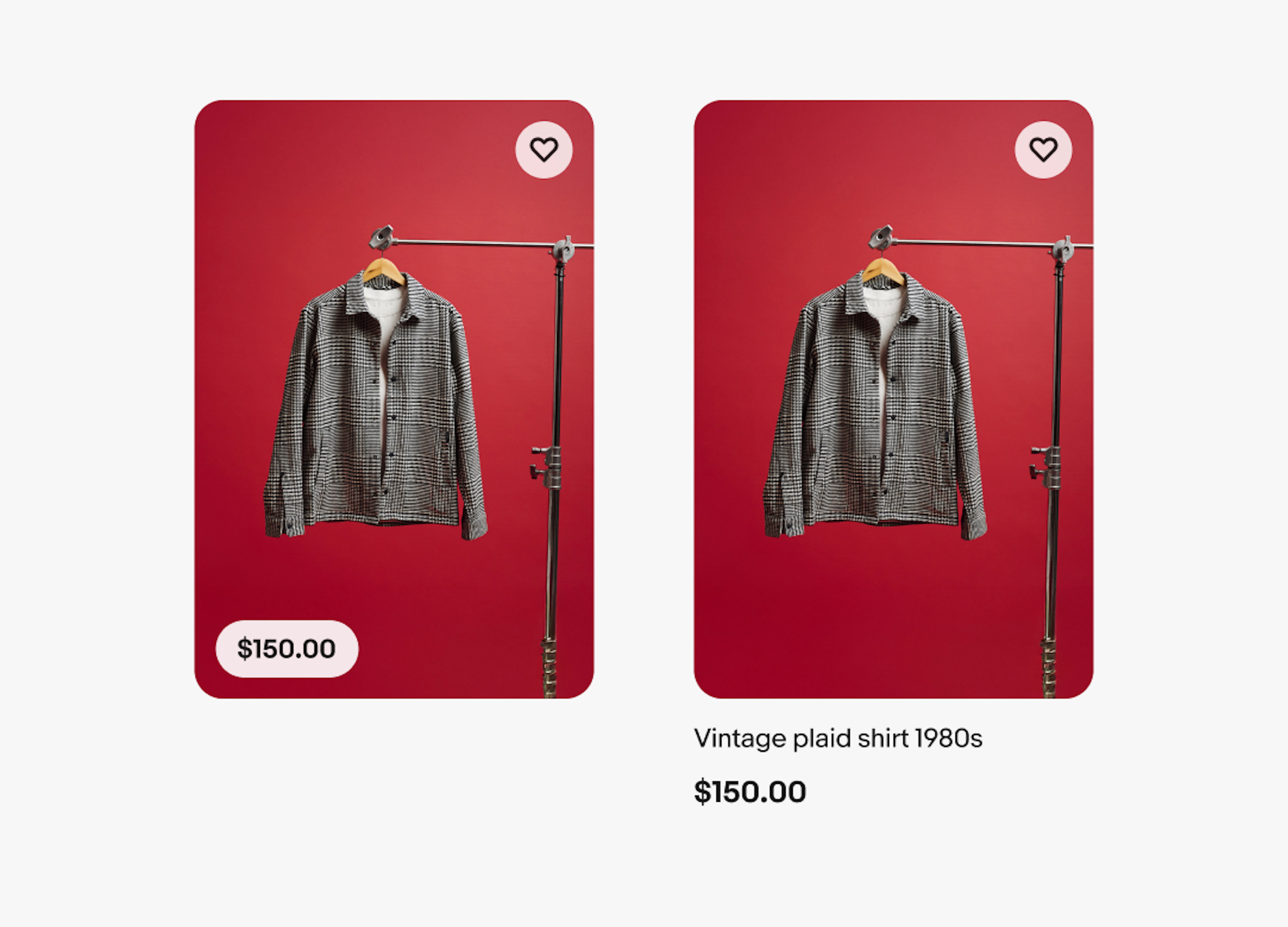 Two item tiles next to each other with the images in a portrait orientation. The left has a pill with a price in the bottom left corner of the image. The right has a traditional title and price below the image.