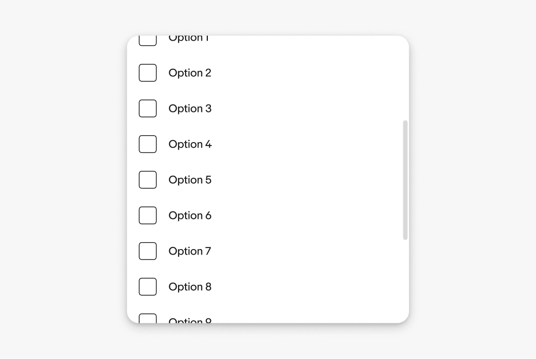 Menu list with many options and a vertical scrollbar, indicating content extends beyond the visible area.