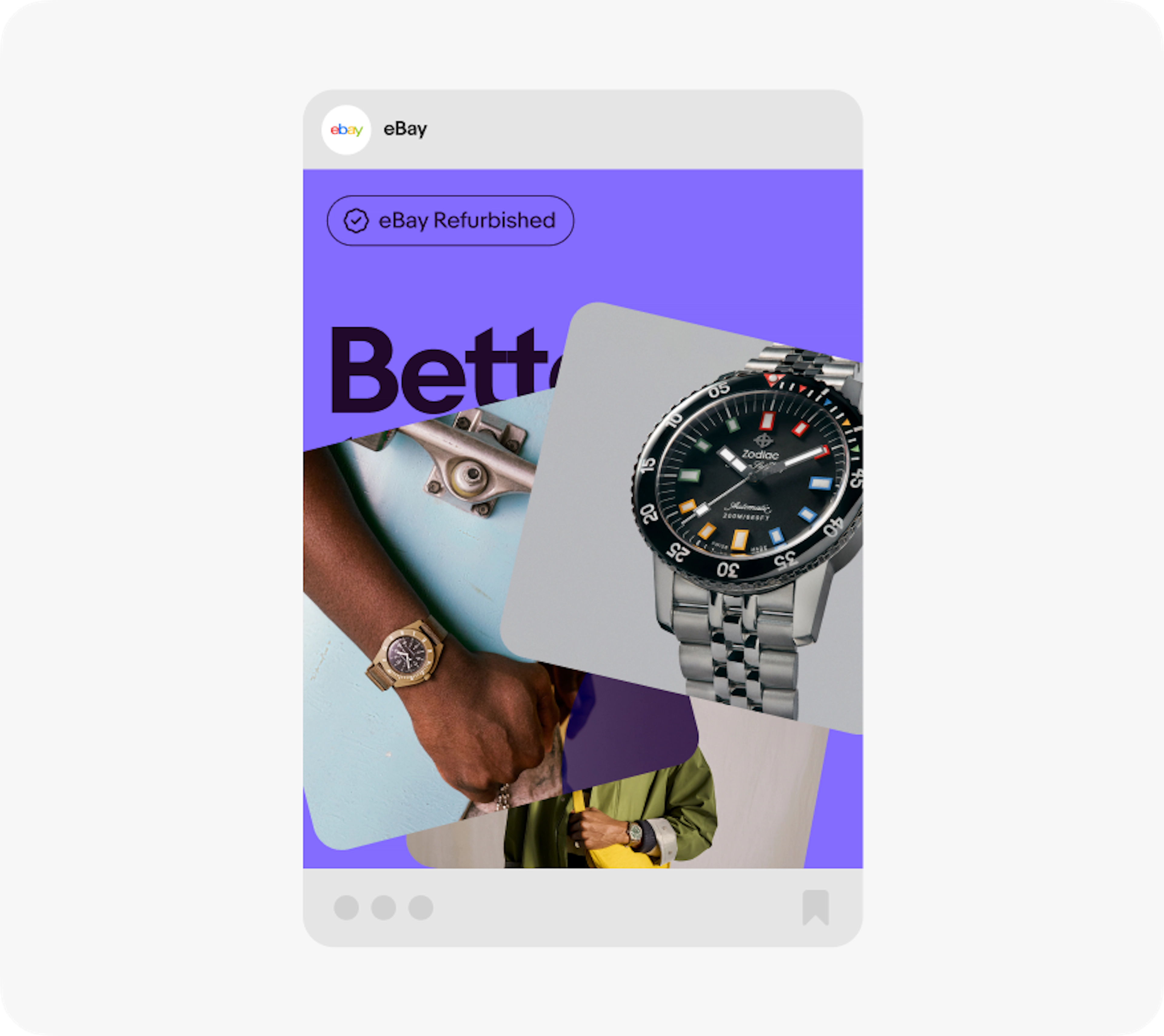 An eBay social post of three stacked images on top of a purple background with dark purple text.