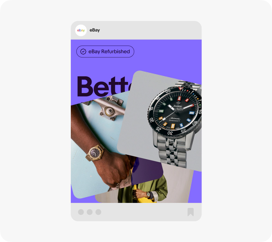 An eBay social post of three stacked images on top of a purple background with dark purple text.