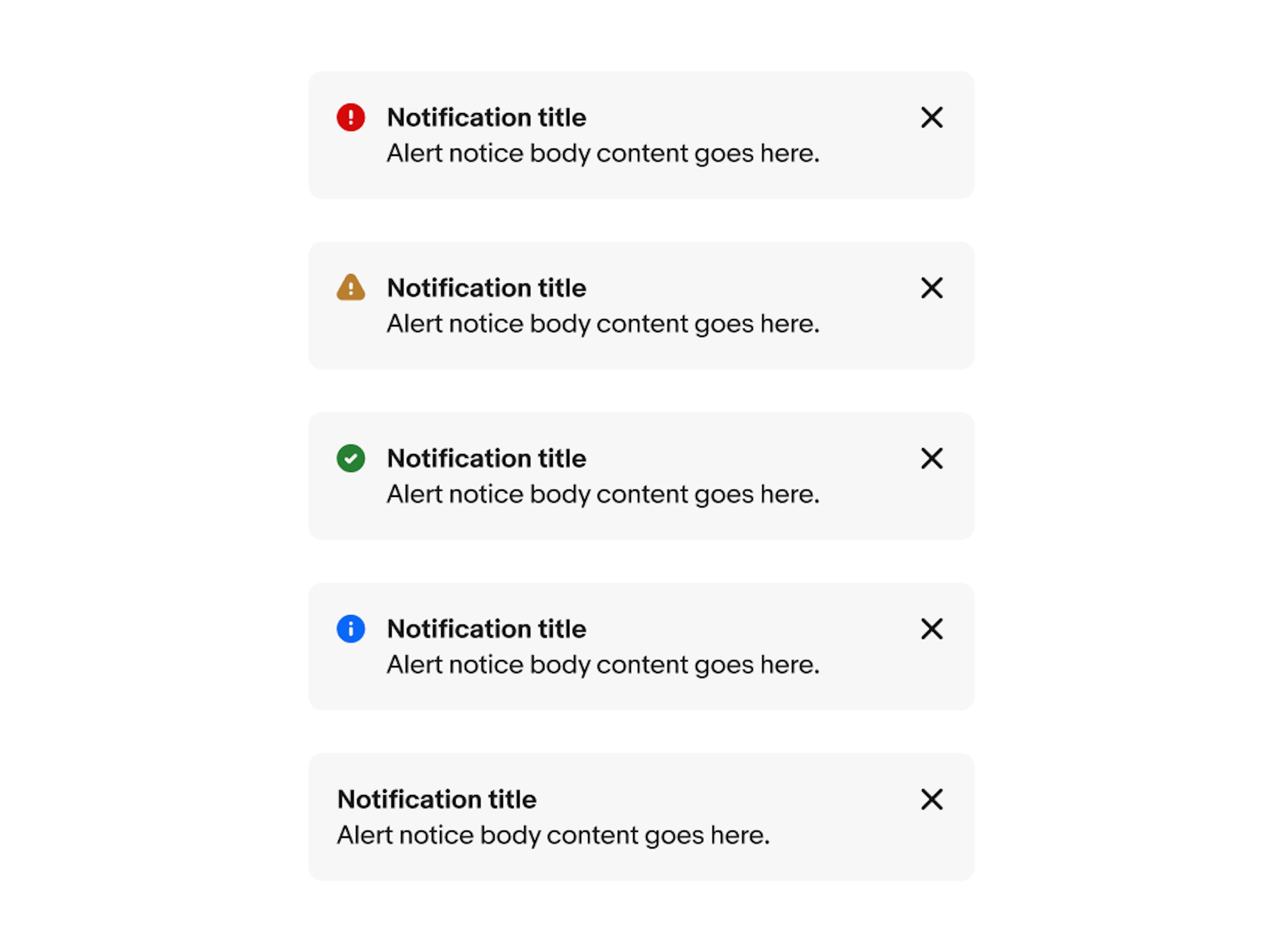 The five variants of page notices including attention, warning, confirmation, information and general.