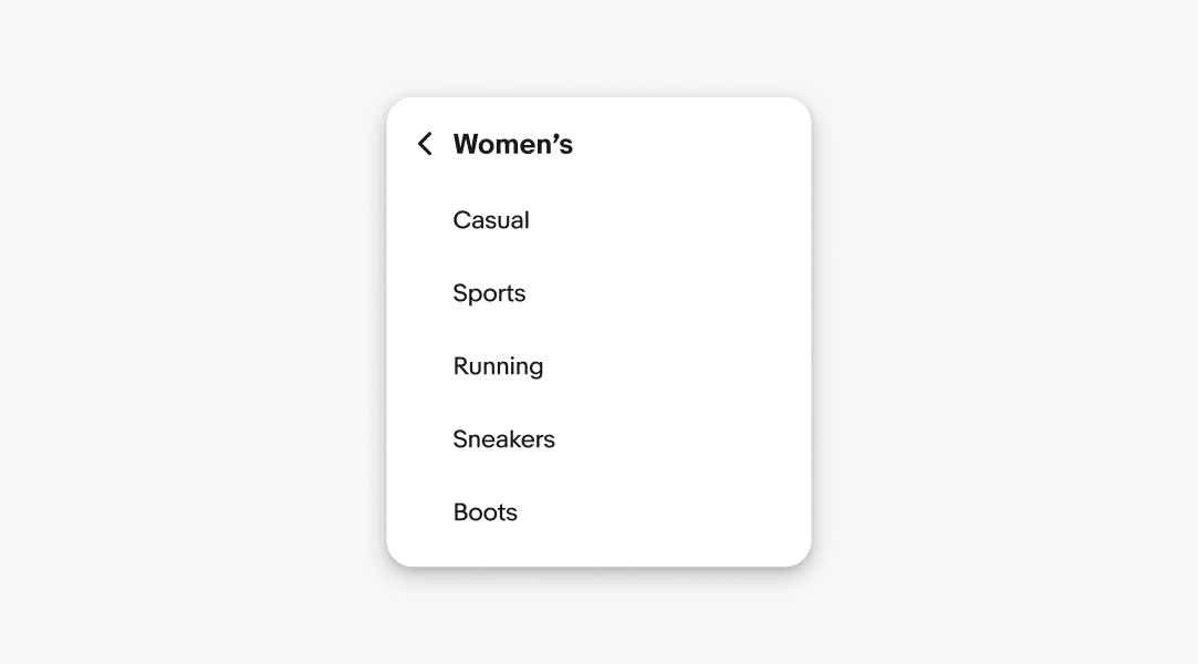 A ‘Women’s’ header sits on a popover with five items.