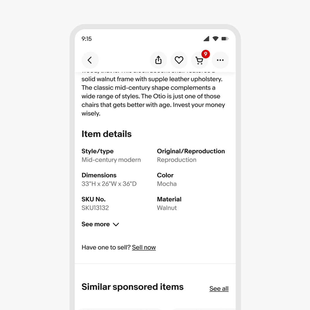 Mobile product screen showing chair details, a “See more” link, and a similar sponsored items section.