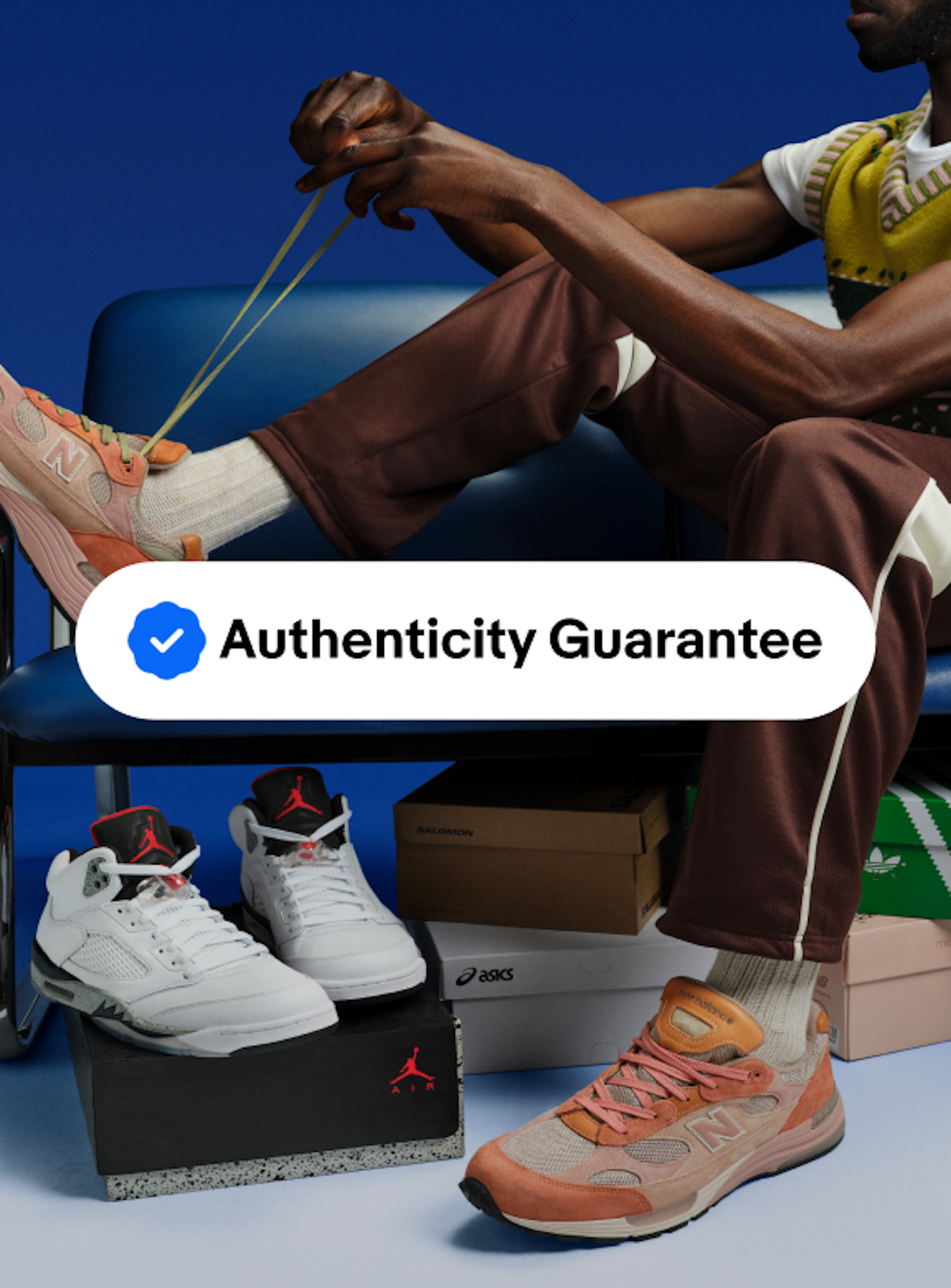 A white program badge lockup sits on top of a studio image of a person tieing sneakers and a part of sneakers sitting on a box. 