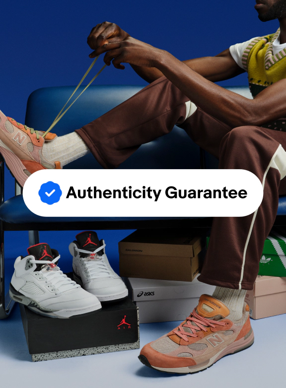 A white program badge lockup sits on top of a studio image of a person tieing sneakers and a part of sneakers sitting on a box.