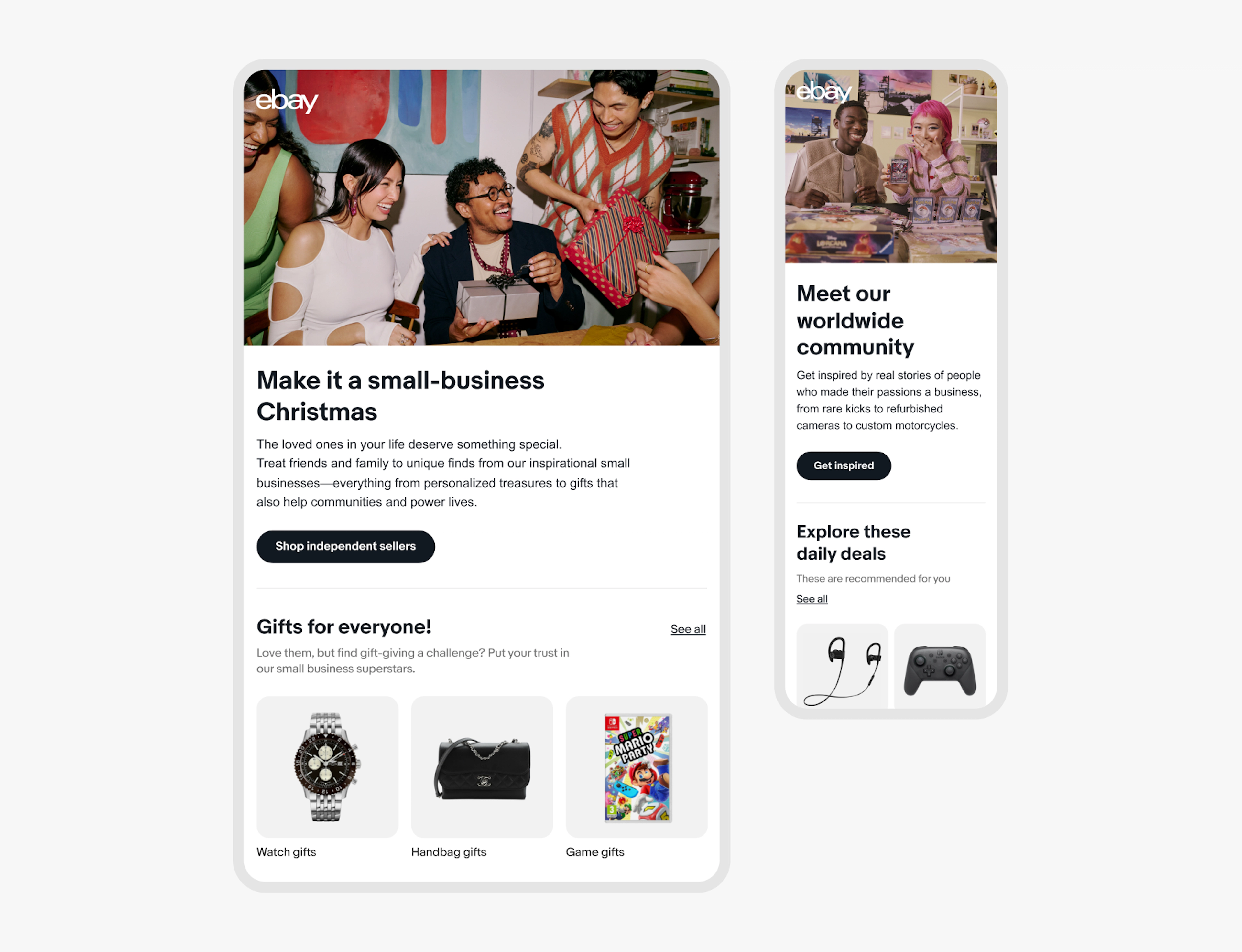 Two eBay emails, one tablet and one phone. Photography is used in the top banners with white logos placed in the upper left corners.