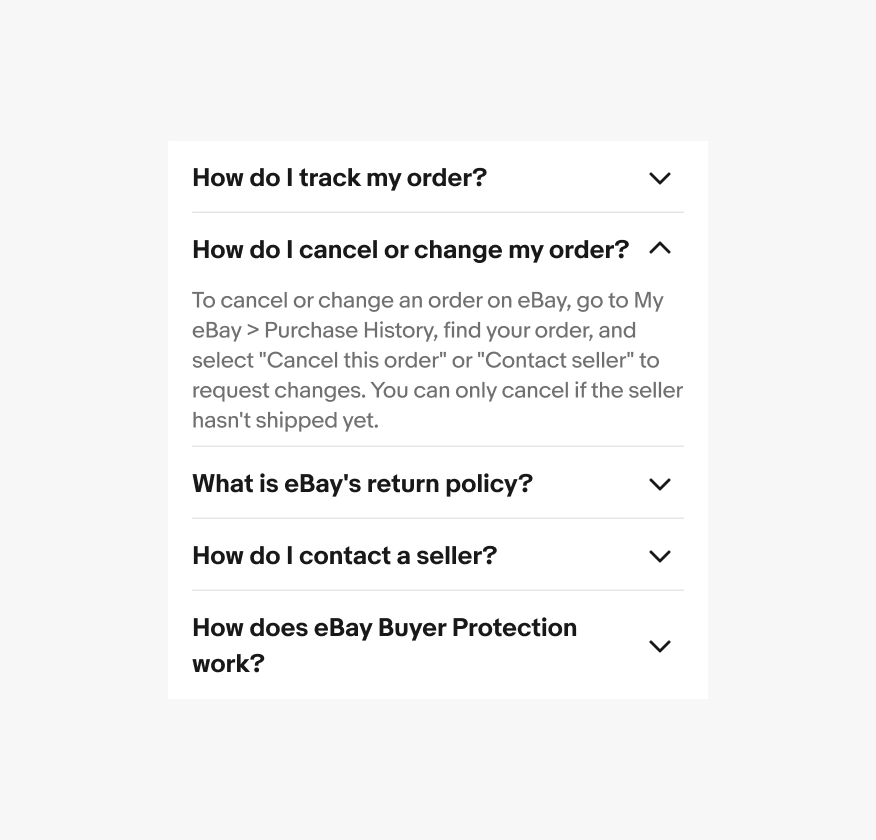 Order-help accordion with cancellation and order-change instructions expanded directly beneath the question, without nested sections.