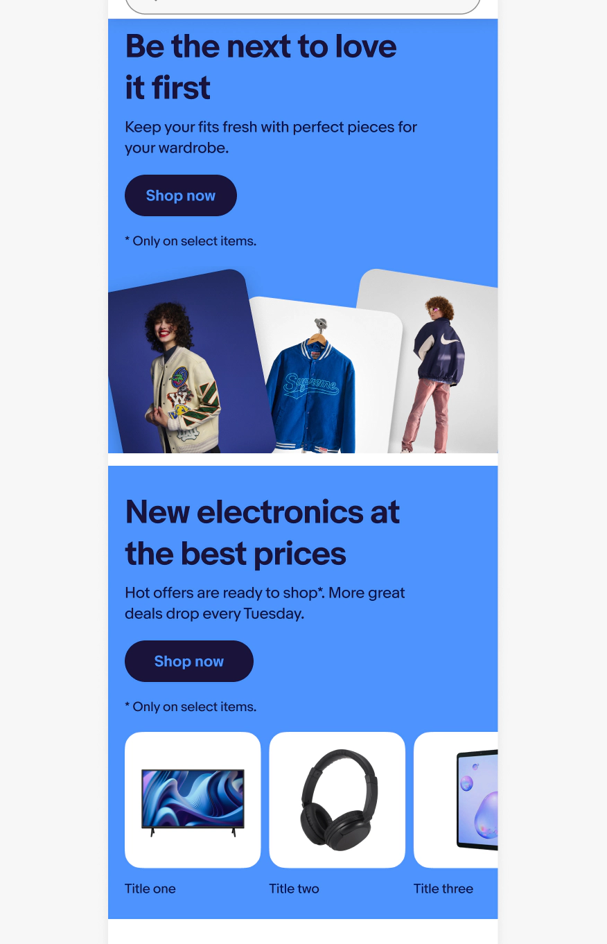 Mobile eBay page with a bright coral and bright blue banner stacked on top of each other at the top of the page.