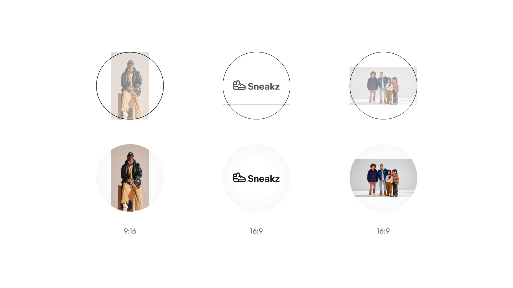 Two image ratios: 9:16 and  16:9. Each image is set to fit. The images have a chopped look, and a light gray scrim fills the empty space around the images.