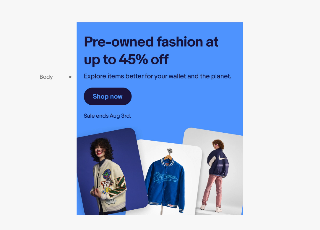Same bright blue banner with a pointer pointing at the body copy which says “Explore items better for your wallet and the planet.”