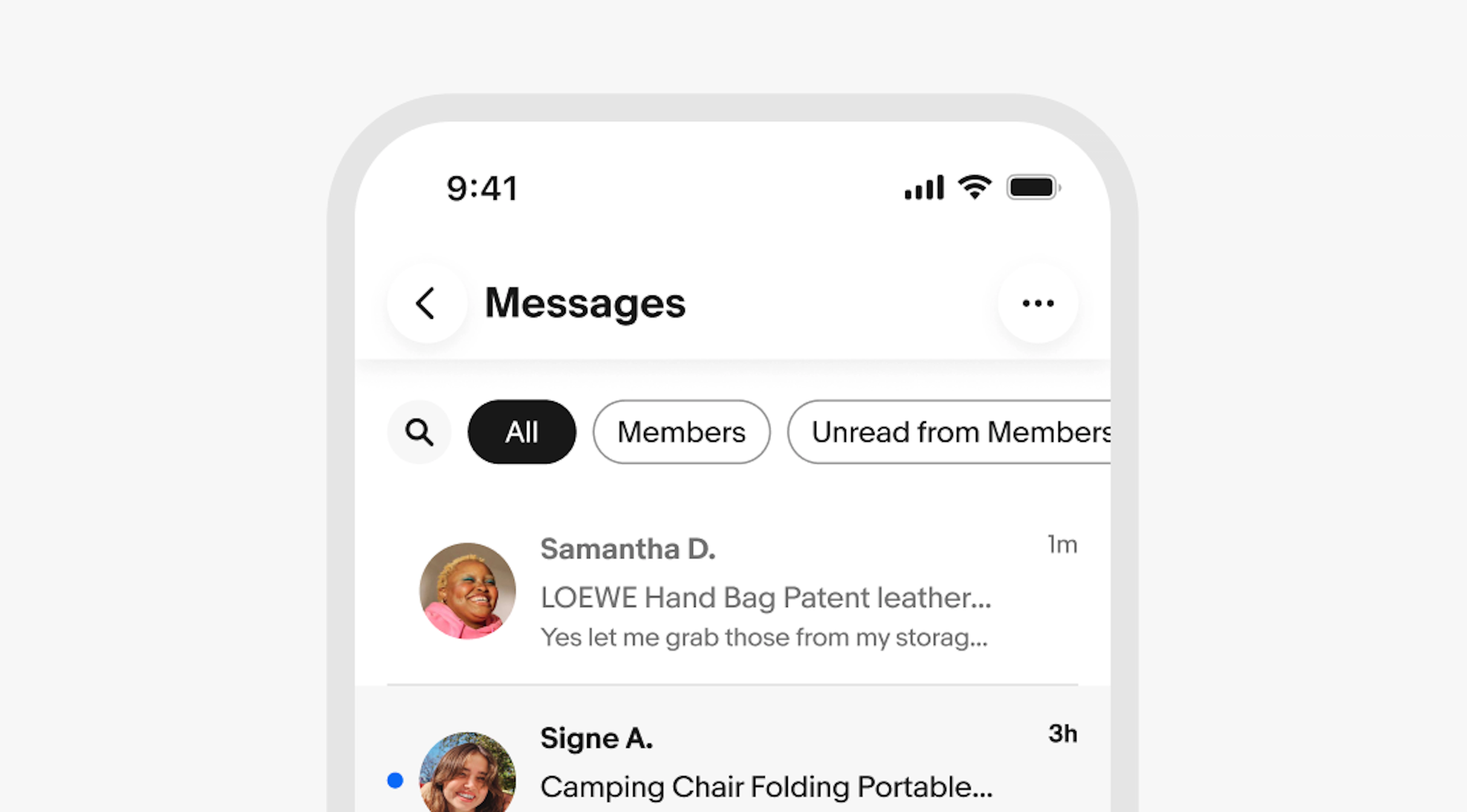 Mobile Messages inbox screen with three filters chips at the top: All (in a filled chip), Members, and Unread from Members. Two message previews are visible below.