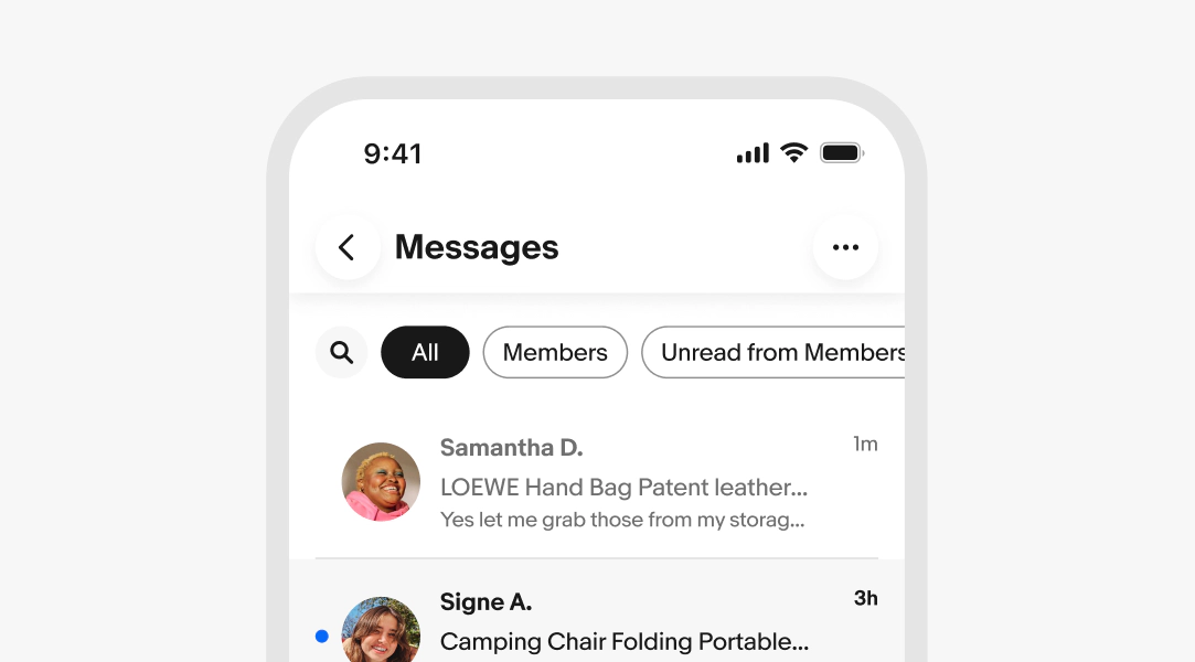 Mobile Messages inbox screen with three filters chips at the top: All (in a filled chip), Members, and Unread from Members. Two message previews are visible below.