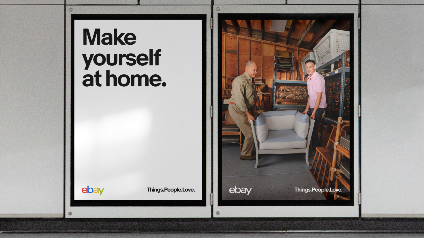 An out of home billboard example with two posters. One has large black text, the heritage eBay logo in the bottom left and our tagline in the bottom right. The second poster is a full-bleed image with a white eBay logo on the left and a white tagline in the right.