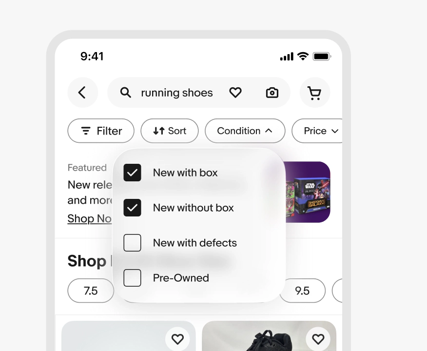 Popover anchored to filter on search: New with box and New without box selected; New with defects and Pre-Owned unselected; menu overlays results grid.