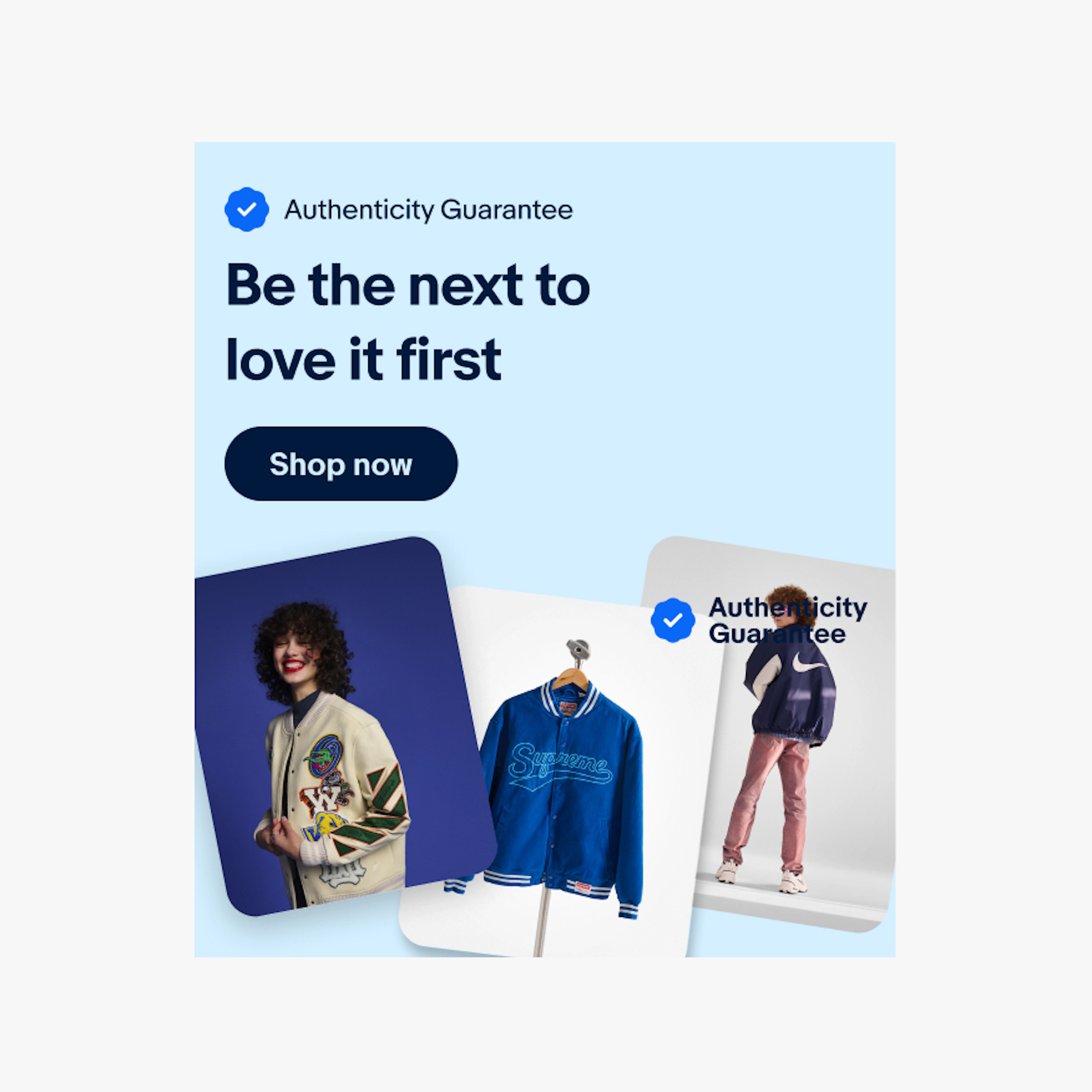 Indigo banner with a title, body copy and button. In this version, the checkmark icon and “Authenticity Guarantee” is overlapping the image and baked into the photo.