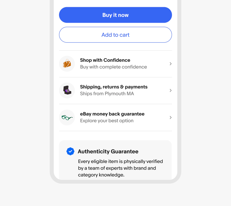 A product page in the eBay mobile app displaying 3 trust messages with accompanied illustrations: the Shop with Confidence module contains a brown watch against a neutral grey background, the Shipping, returns, and payments module contains a silver laptop neutral grey background, and the eBay Money Back Guarantee module contains a blue and orange sneaker against a neutral grey background.