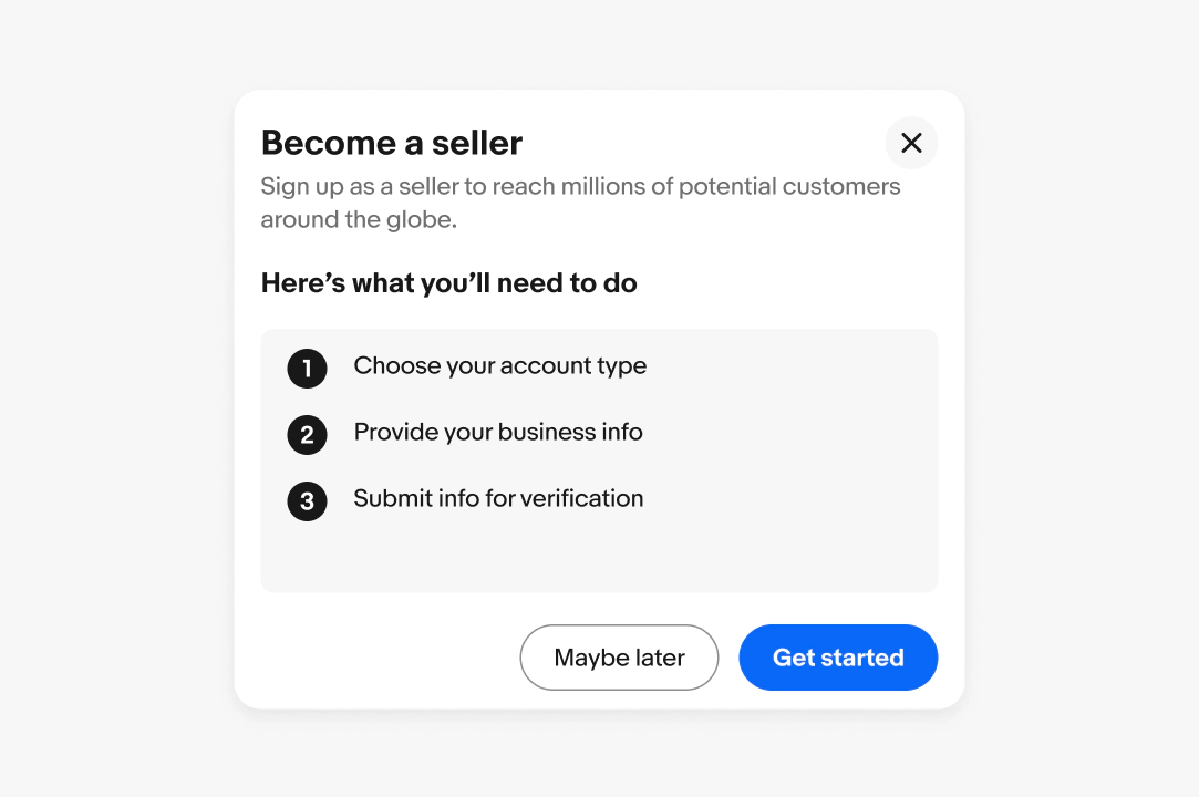 A standard dialog with a subtitle of “sign up as a seller to reach millions of potential customers around the globe.”