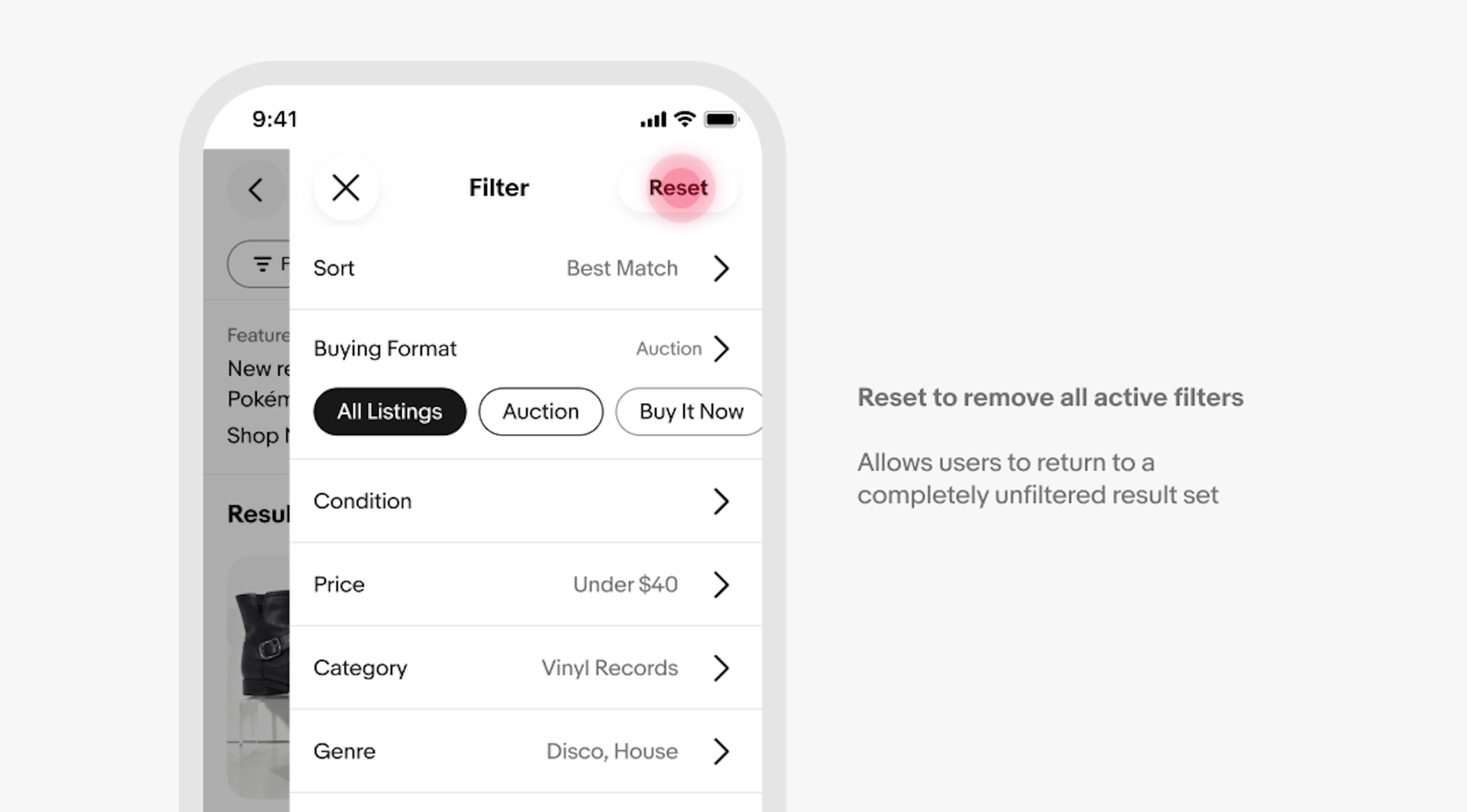 Mobile filter panel listing with many filters applied. The Reset button in the top-right corner is highlighted with an annotation that reads: "Reset to remove all active filters. Allows users to return to a completely unfiltered result set."