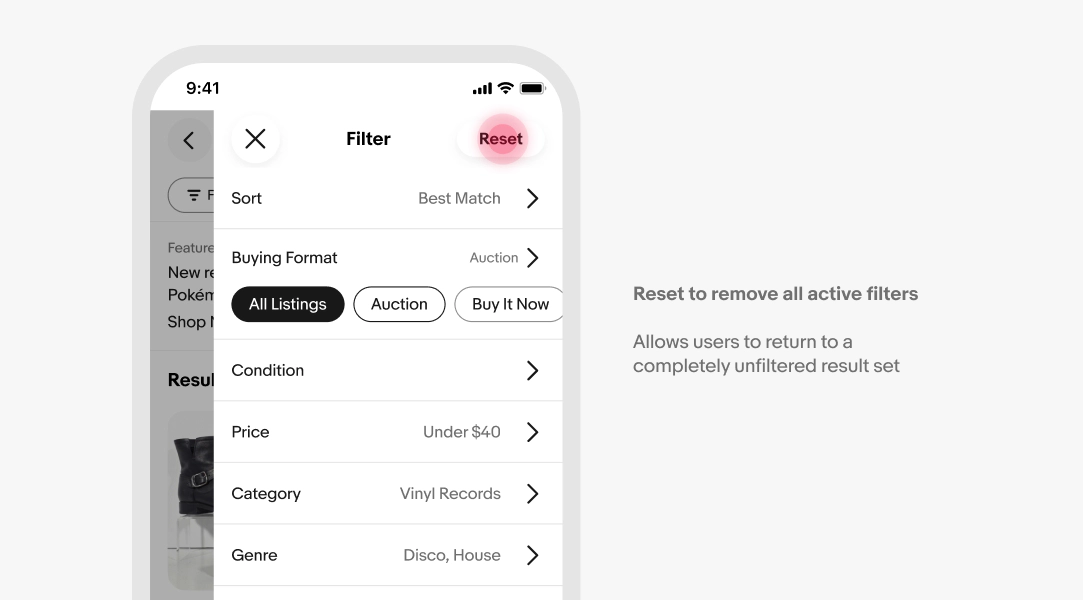 Mobile filter panel listing with many filters applied. The Reset button in the top-right corner is highlighted with an annotation that reads: "Reset to remove all active filters. Allows users to return to a completely unfiltered result set."
