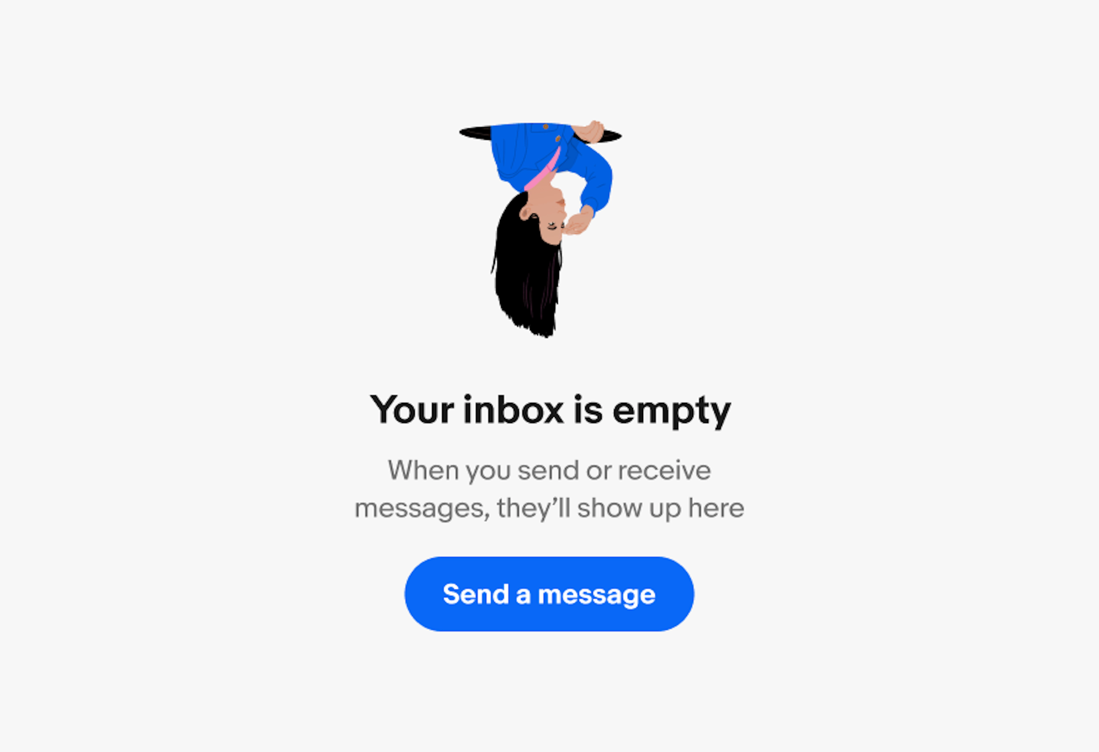Messages screen showing an empty inbox state with the Upside down girl  illustration