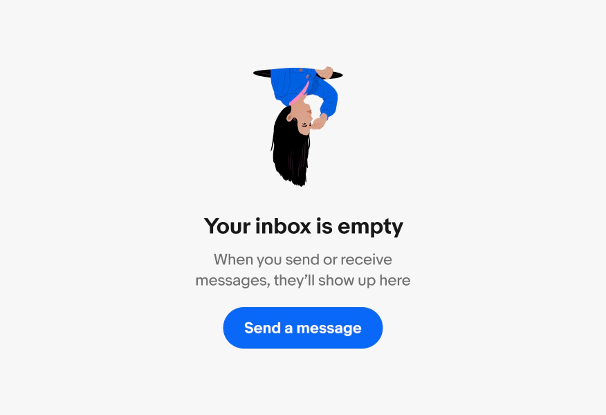 Messages screen showing an empty inbox state with the Upside down girl illustration