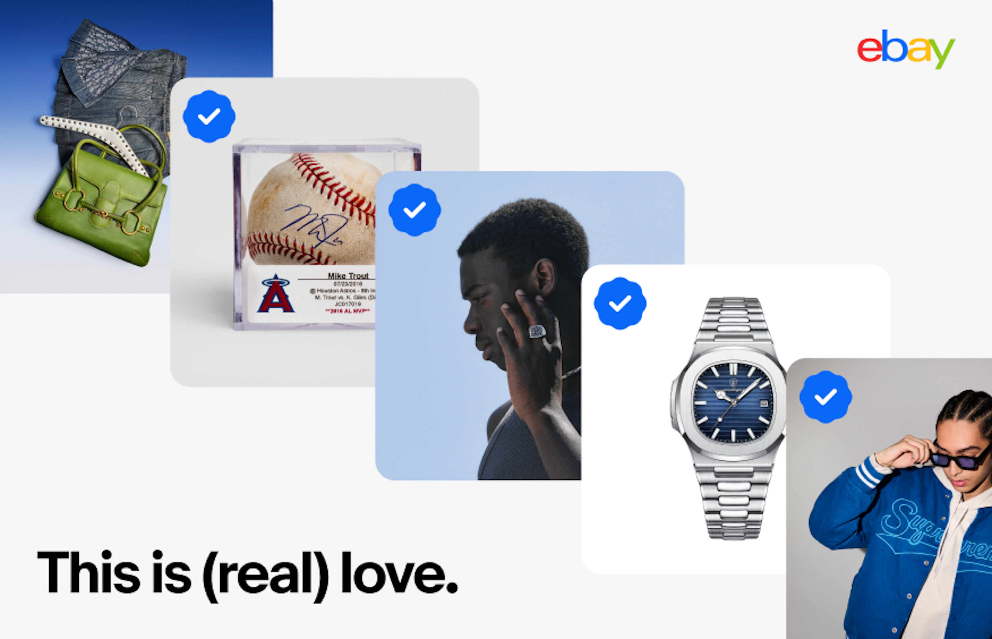 An ad with a diagonal set of image cards. They all have authenticity guarantee checkmarks and the title is “This is (real) love.”