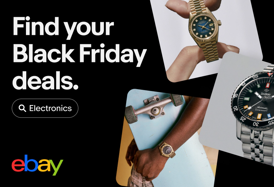 A Black Friday digital eBay ad that includes an ‘Electronics’ UI Element with a search icon sitting below the headline to the left. The UI Element is outlined in white, and sits against the black background of the ad.