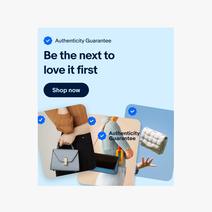 Indigo banner with a title, body copy and button. In this version, the checkmark icon and “Authenticity Guarantee” is overlapping the image and baked into the photo.