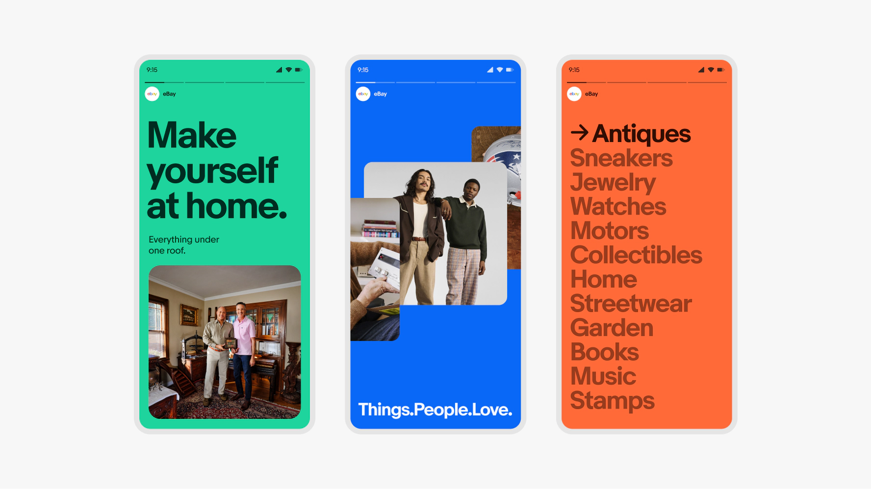 Three social stories showcasing different color combinations: On the left is a story with dark teal text paired with a teal background and a complementary image. In the middle story there are three images stacked on top of a blue background with the tagline in white. On the right is a story of a list of items on an orange background - one item is highlighted in a darker orange text, while the other items are in a lighter, yet still dark orange color.