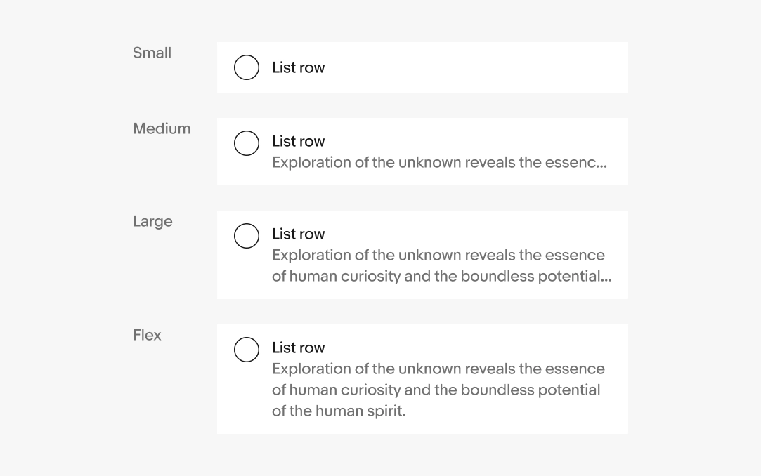 4 list rows at different heights: Small, Medium, Large, and Flexible.
