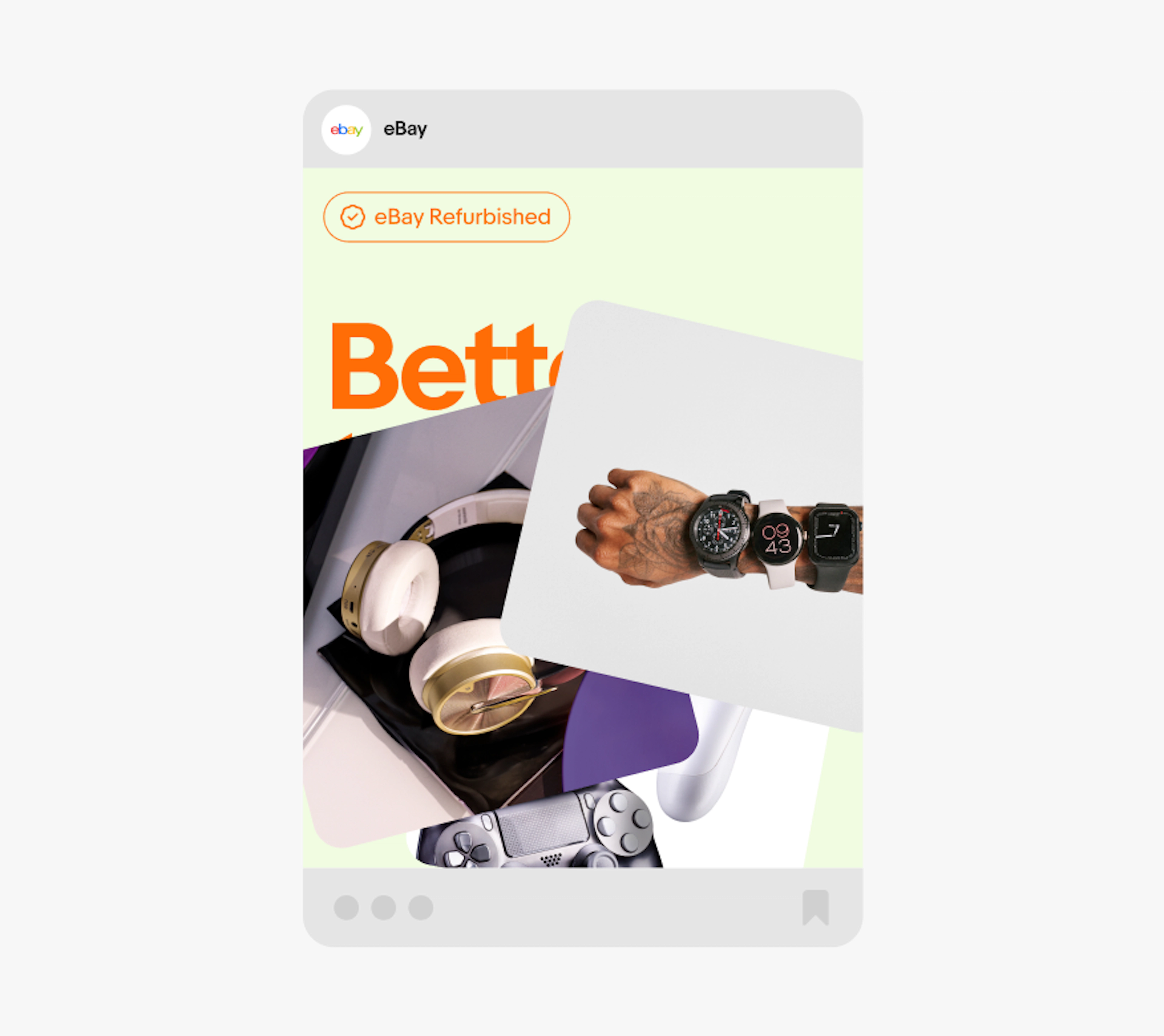An eBay social post of three stacked images on top of a light yellow background with orange text.