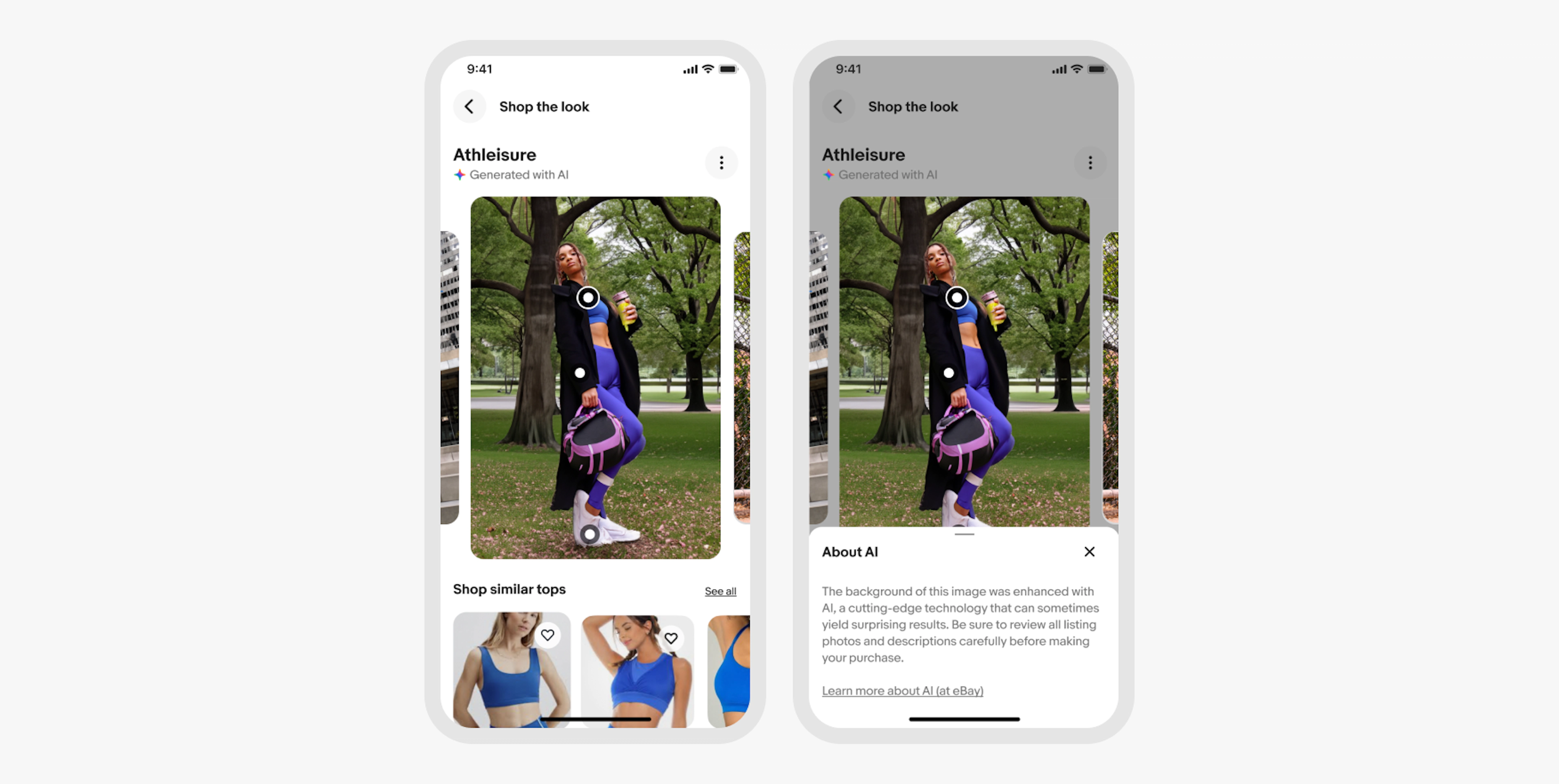 Two mobile “Shop the look” screens. The first shows an “Athleisure” heading, “generated with AI” subtext and a full spectrum icon, and a tappable photo of a woman wearing athleisure clothing. The second shows the same screen with a bottom sheet open. The bottom sheet is titled “About AI” with a full spectrum icon and contains the text: “The background of this image was enhanced with eBay.ai, a cutting-edge technology that can sometimes yield surprising results. Be sure to review all listing photos and descriptions carefully before making your purchase.” A link below reads “Learn more about AI (at eBay).”