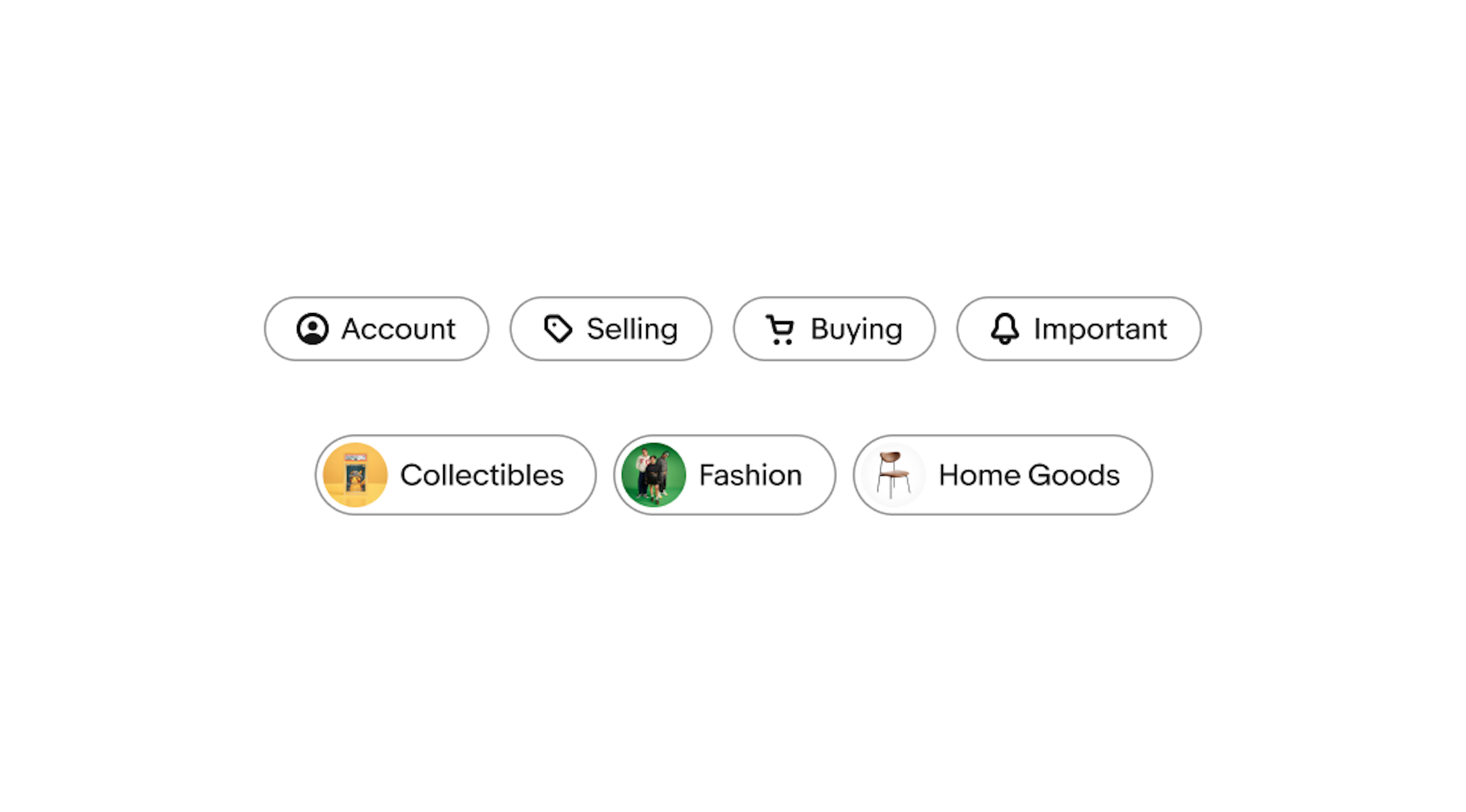Three user input chips with photos and names: Mark S., Helly R., and Irving B., each with a remove button. Below are four filter chips labeled Account, Selling, Buying, and Important with icons. At the bottom, three discovery chips labeled Collectibles, Fashion, and Motors, each with the same an image.