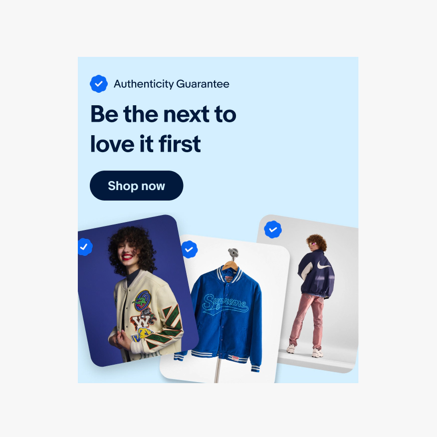 Indigo banner with a checkmark icon and “Authenticity Guarantee” in text next to it as the first line at the top. A title, button and image follow.