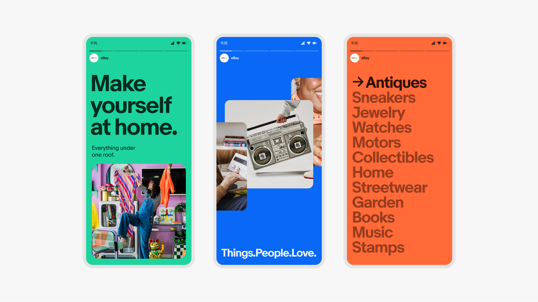 Three social stories showcasing different color combinations: On the left is a story with dark teal text paired with a teal background and a complementary image. In the middle story there are three images stacked on top of a blue background with the tagline in white. On the right is a story of a list of items on an orange background - one item is highlighted in a darker orange text, while the other items are in a lighter, yet still dark orange color.