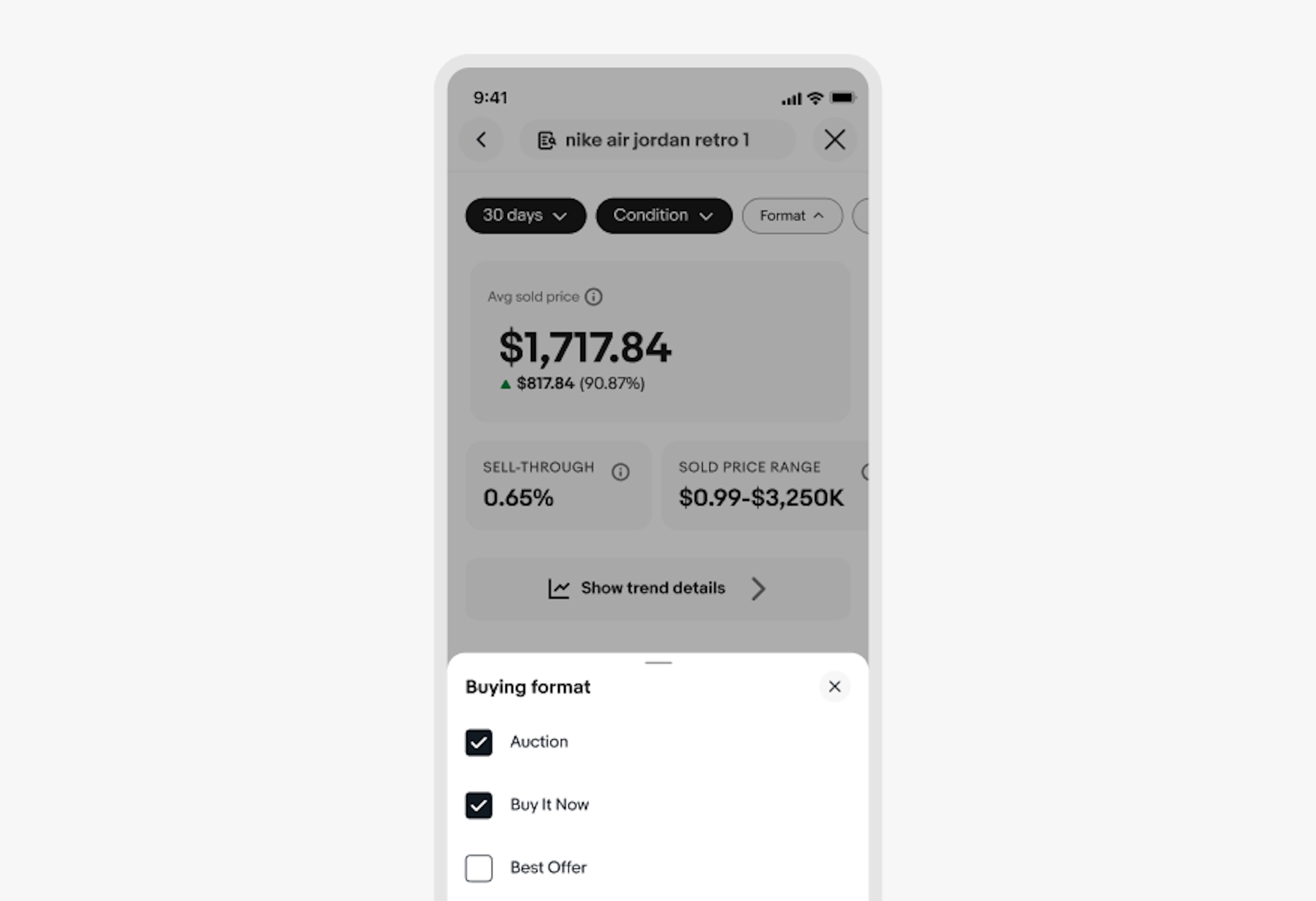 Mobile screen showing a market analysis tool for "nike air jordan retro 1" with a Buying format filter sheet open. Checkboxes show Auction and Buy It Now checked, and Best Offer unchecked.