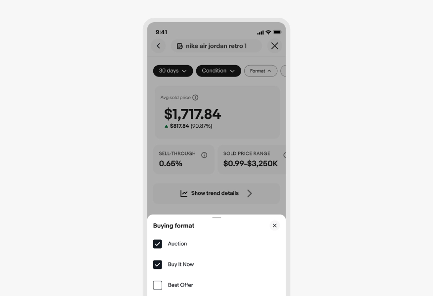 Mobile screen showing a market analysis tool for "nike air jordan retro 1" with a Buying format filter sheet open. Checkboxes show Auction and Buy It Now checked, and Best Offer unchecked.
