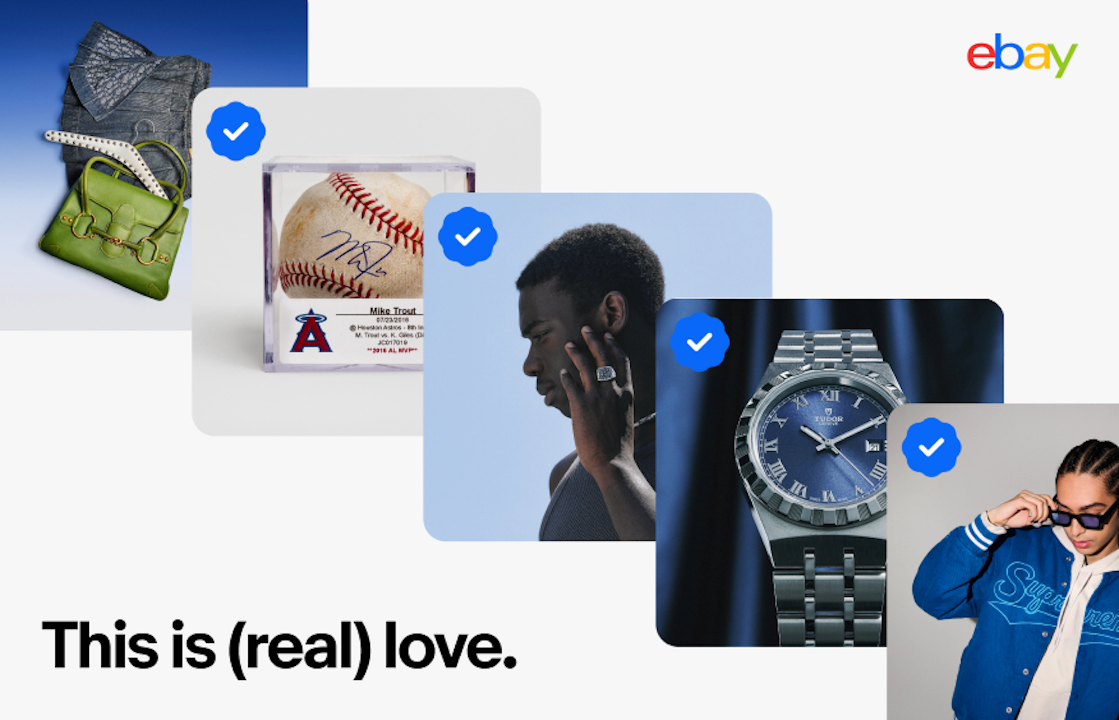 An ad with a diagonal set of image cards. They all have authenticity guarantee checkmarks and the title is “This is (real) love.”