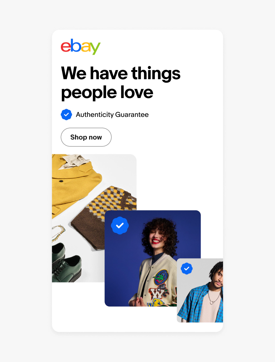 An ad with a filled rosette checkmark icon placed on top of a stack of fashion images. The same filled icon is used in a program badge lockup towards the top.